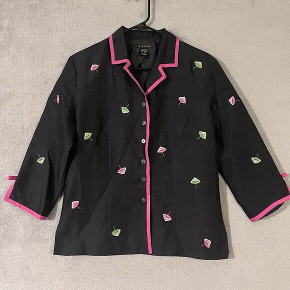Silk Land Embroidered Silk Jacket Black Pink Parasol Design Womens Sz 4 - Picture 6 of 12